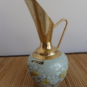 Ceramic and Gold Plated Hollywood Regency Ewer with Painted Base and Gilded Spout. French Ceramic and Gold Plate Ewer.