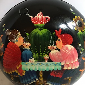 Painted Black Lacquered Trinket Box from Russia, Tea Time
