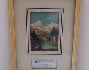 Fat's Grocery Advertising Framed Thomas Moran Print with Temprature Guage.