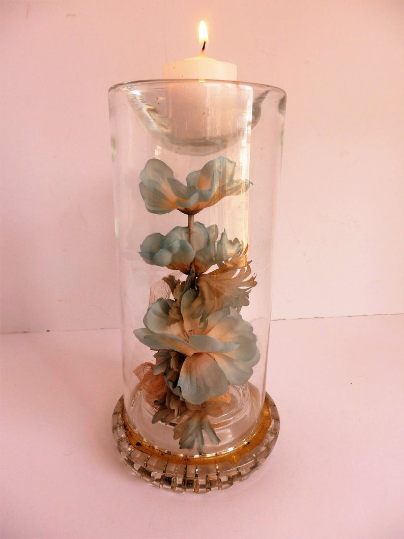 Glass Candle Holder with Enclosed Flowers. 'Starflower Etsy