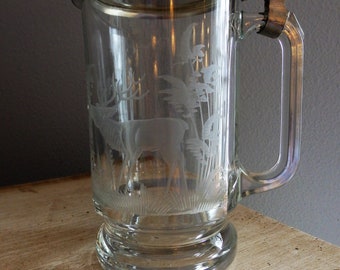 Vintage Glass Beer Tankard with Etched Design of Buck in a Forest. Lidded Glass Beer Tankard