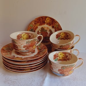 Vintage Nasco Tea Cups and Bread and Butter Saucers in Mountain Woodland Pattern