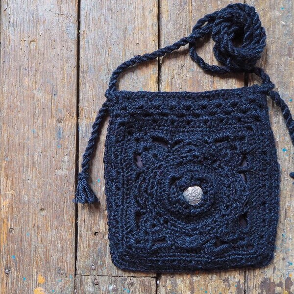 Noir Crochet Bag, Black Lace, Ladies Small Casual Handbag, Black Rose Flower, Gypsy Purse, Boho Chic Pouch, Bohemian Carry Bag, Festival