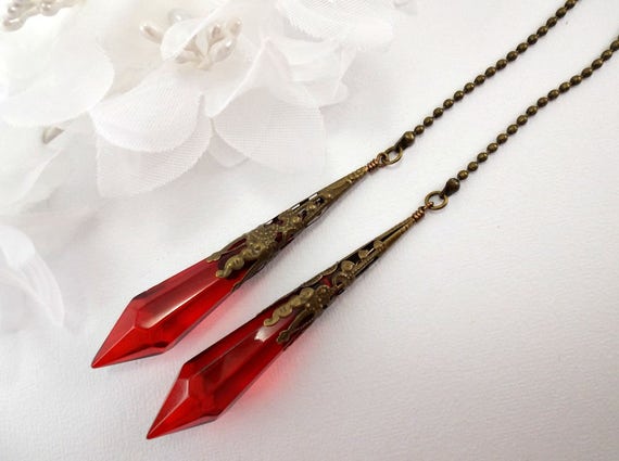 Set Of Two Red Crystal Ceiling Fan Pulls Light Pull Fan Pull Crystal Fan Pull Bronze Ceiling Fan Pull Ball Chain Pull Home Decor