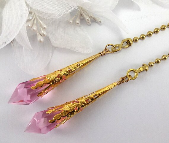 Set Of Two Pink Crystal Ceiling Fan Pulls Light Pull Fan Pull Gold Ball Chain Pull Housewarming Gift Home Decor