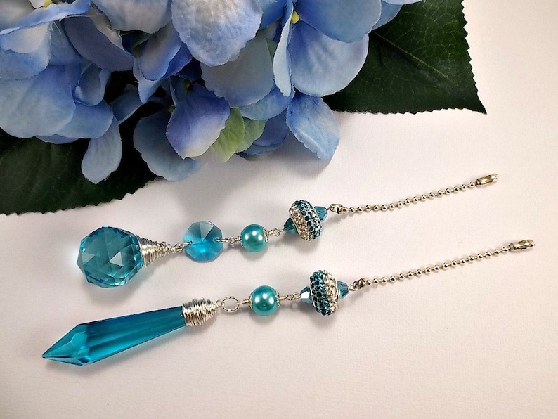 Set of Two Sea Blue Crystal Fan Pulls Crystal Light Pull Etsy