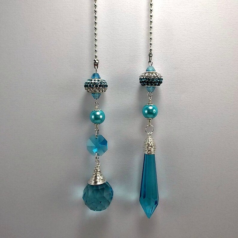 Set of Two Sea Blue Crystal Fan Pulls Crystal Light Pull Etsy