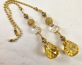 Golden and Clear Crystal Ceiling Fan Pull Set, Crystal Light Pull, Lamp Pull, Ball Chain Pull, Set of Two, Home Decor