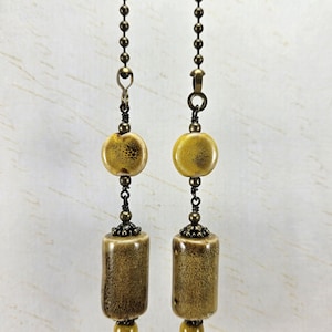 Yellow and Brown Porcelain Beaded Ceiling Fan Pulls,  Light Lamp Pull, Ball Chain Pull