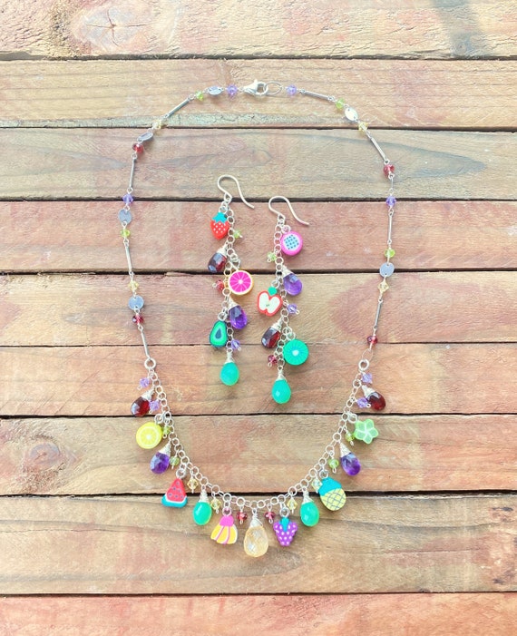 Fruit gemstone necklace and earrings set, polymer clay fruit jewelry, fruit necklace, fruit earrings, colorful fruit jewelry, tropical
