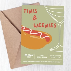 Tinis und Weenies. Geburtstagsparty. Abendessen und Getränke. Martinis und Hot Dogs.
