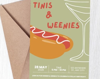 May include: A party invitation with a green background, featuring the words "Tinis & Weenies" in red. A cartoon hot dog and martini glass are also shown. The invitation is accompanied by a brown envelope.