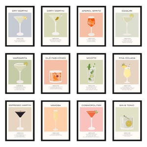 Set of 12 Cocktail Prints. Bar Cart Decor. Classic Cocktail Wall Art. Minimalist Alcohol Prints.  Digital Download PRINTABLE Bar Cart Art.