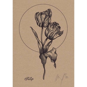 Tirage de mon illustration botanique 'Tulipes', dessin vintage, travail au trait noir floral, art botanique