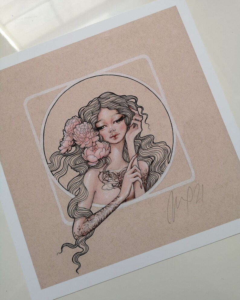 Giclee print of my original illustration beautiful tattooed woman portrait with peonies /'Rosamund/'
