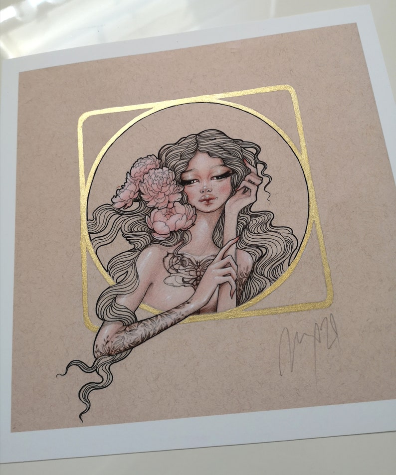 Giclee print of my original illustration beautiful tattooed woman portrait with peonies /'Rosamund/'