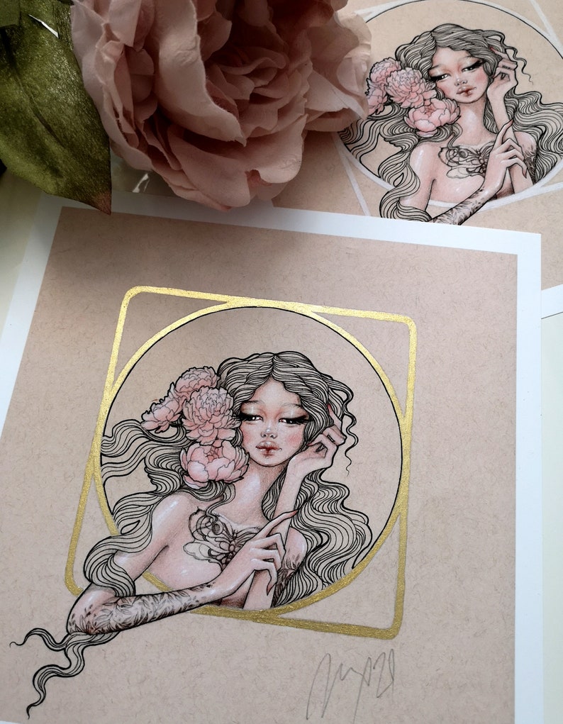 Giclee print of my original illustration beautiful tattooed woman portrait with peonies /'Rosamund/'