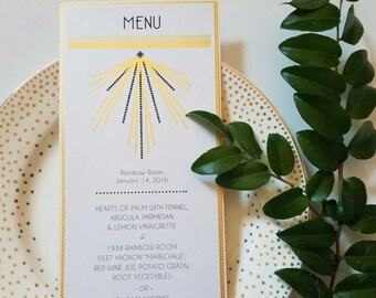 Menus / "Deco Sconce" / Art Deco Gold Foil Stamped / White and Pale Pink Shimmer / 4.25x11" Vertical