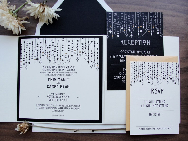 Deco Lights / Wedding Pocket Fold Square Invitations Set / Art Etsy