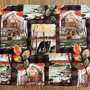 Country Fall Collage Set of 4 Placemats with Bears, Mills, fall leaves and Covered Bridges