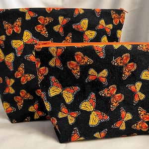 Butterfly Travel/Makeup Bag Small 9X6X2 or Large 12X8X5 Lined with Zipper