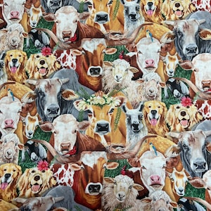Happy Farm Fabric by The Yard made by Elizabeth&#39;s Studio 100% Cotton 44 Inches on Light Blue Background Active