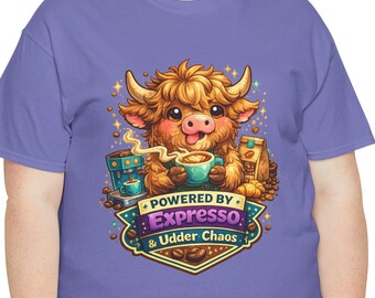 Funny Highland Cow Coffee T-Shirt, Powered by Expresso & Chaos Shirt, Cow Lover Gift, Coffee Lover Tee, Barista Gift, Farm Animal Shirt