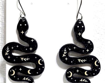 CELESTIAL SNAKE EARRINGS | Black Moon & Star Medusa Serpent Witch Goth Punk Halloween Statement Dangle Earrings