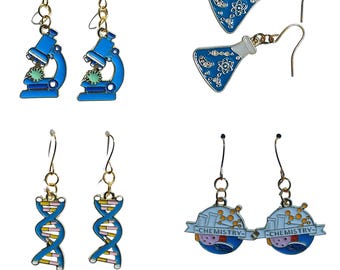 SCIENCE Teacher Lover Dangle Earrings | Chemistry Biology STEM | Microscope DNA Beaker
