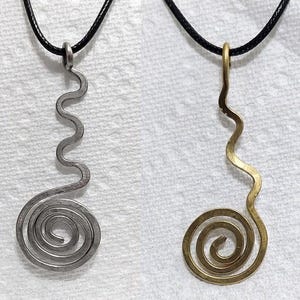 Handmade Zen Spiral Squiggle Wavy Pendant | Silver Tone or Brass Swirl Necklace Charm | Boho Tribal Minimalist Jewelry | Unisex Gift
