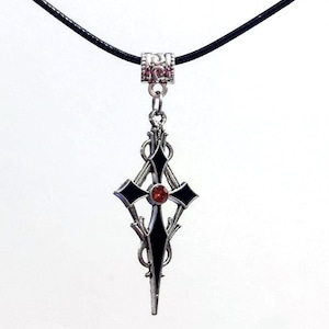 GOTHIC CROSS PENDANT Necklace | Black Enamel and Red Gemstone | Vintage Silver-Tone | Gothic Fantasy Alternative Jewelry