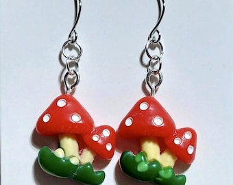 RED DOUBLE MUSHROOM Earrings | Cottagecore Fairy Toadstool Dangle Jewelry