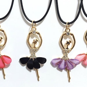 BALLET DANCER PINK Crystal Pendant Necklace Ballerina en Pointe Tutu on 18&quot; Black Cord