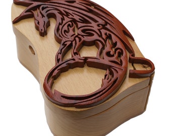 Boîte à casse-tête en intarsia fait main Dragon rouge