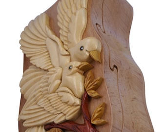 Boîte à casse-tête en intarsia fait main Love Birds