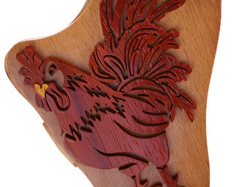 Boîte puzzle coq rouge avec compartiment secret