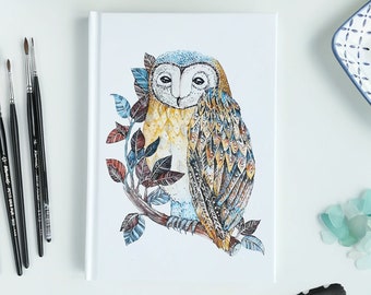 Owl Notebook / journal / art sketchbook / notepad / dream diary / hardcover, blank pages /  original watercolor illustration by Nora