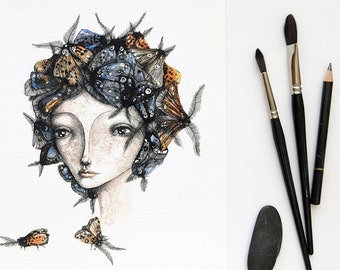 Watercolor Giclee PRINT Original Painting - moth Girl portrait Butterflies insects - illustration Fine Art  drawing / home decor / gift idea