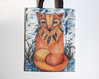 Fox Tote Bag / Grocery bag with pocket and zipper / quality shopping bag with original watercolor art design by Noraillustration