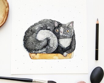 Black cute Cat in box Art PRINT pet portrait Watercolor Painting - nature - illustration drawing gift idea Original by Norvile