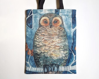 Owl Tote Bag / Grocery bag with pocket and zipper / quality shopping bag with original watercolor art painting by Norvile for nature lovers