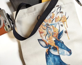 Deer print Tote Bag / Grocery bag with pocket and zipper / quality shopping bag with original watercolor art design by Noraillustration