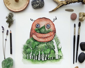 Watercolour Forest Illustration Print / Cute Art Print / Whimsical Art / Nursery Decor / Original Watercolour Painting / Kids Wall Decor