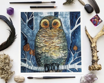 Bellas Artes Giclée Impresión de un búho / Retrato de búho majestuoso / Decoración Cottagecore / Impresión artística de acuarela / Arte original del búho / Regalo artístico