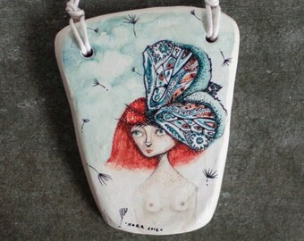 Blue red white butterfly pendant unique watercolor ink art jewelry / original handmade necklace / painting accessory girl portrait by NORA