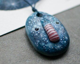Blue space man galaxy pendant unique watercolor ink art jewelry / original handmade necklace / painting accessory ooak wearable by NORA