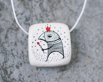 Black white red necklace - wearable art pendant - hand painted necklace - miniature watercolor painting - ooak - clay jewelry