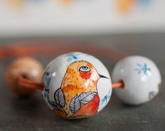 Bird Blue yellow white flower pendant unique watercolor ink art jewelry original handmade necklace / painting accessory ooak wearable