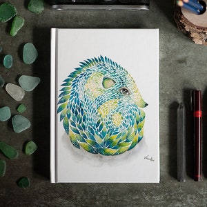 Animal hedgehog Notebook / blue green journal / art sketchbook / notepad / diary / hardcover / gift idea / original illustration by Nora image 1