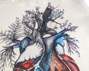 Anatomical heart Tote Bag / Grocery bag with pocket and zipper / quality shopping bag with original watercolor art illustration by Norvile